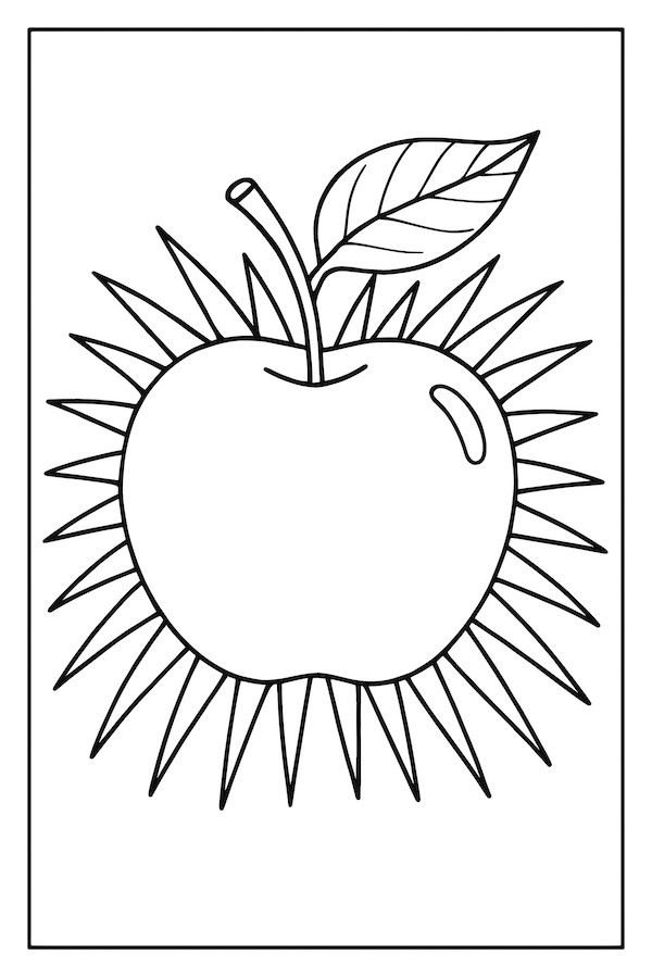 Coloring page of an apple with porcupine-like spikes surrounding it and a leaf on top