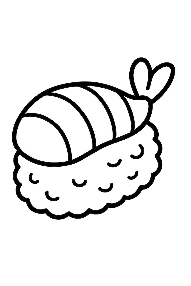 Coloring page featuring a full nigiri sushi piece topped with a prawn and decorative rice strand details
