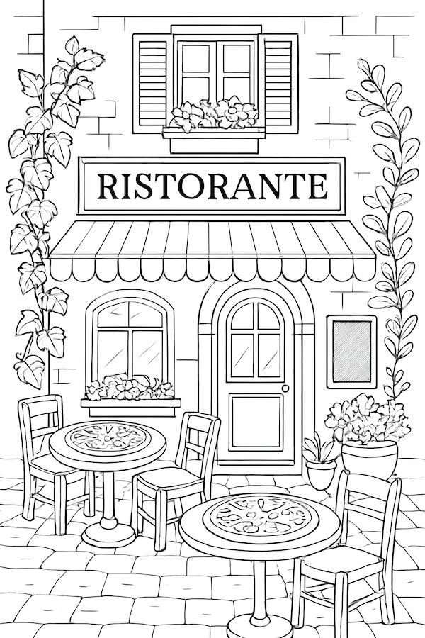 Coloring page of a quaint Italian restaurant featuring tables with flowers and a sign reading 'RISTORANTE'