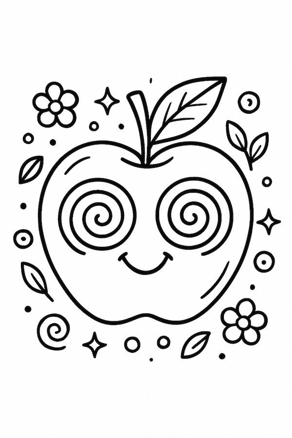 Coloring page of a quirky apple featuring spiral eyes, a smile, and surrounded by flowers and stars