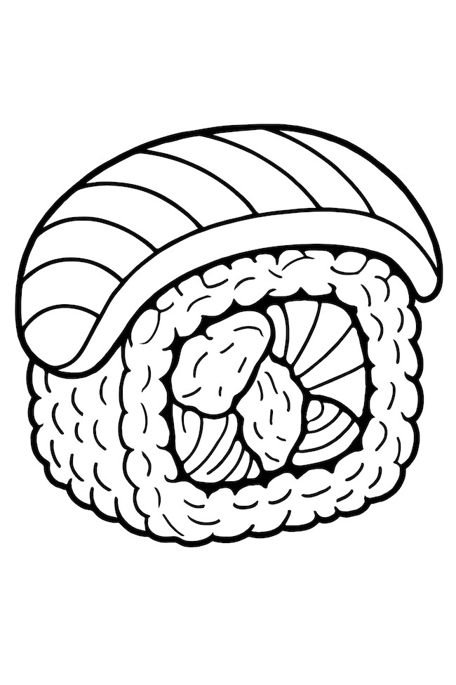 Coloring page of a realistic sushi roll topped with a slice of mango and showcasing various seafood fillings