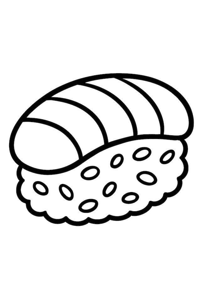 Coloring page of realistic nigiri sushi featuring a slice of tuna on top and rice underneath