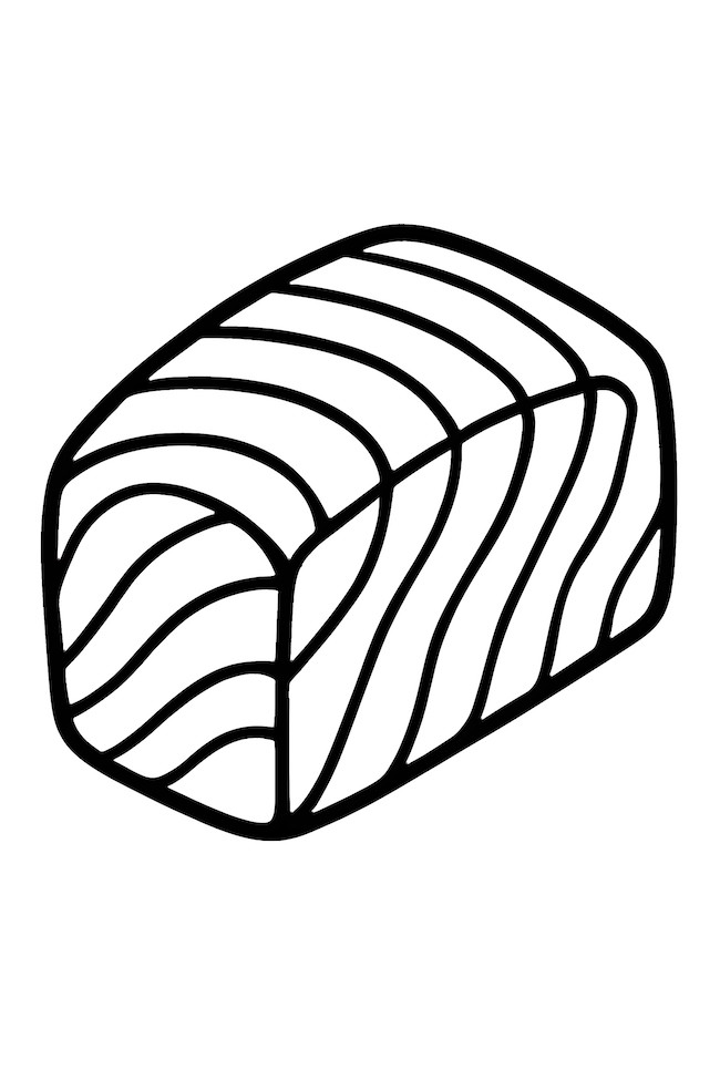 Coloring page of a realistic slice of salmon sashimi featuring distinct texture and wavy lines on a clean backdrop