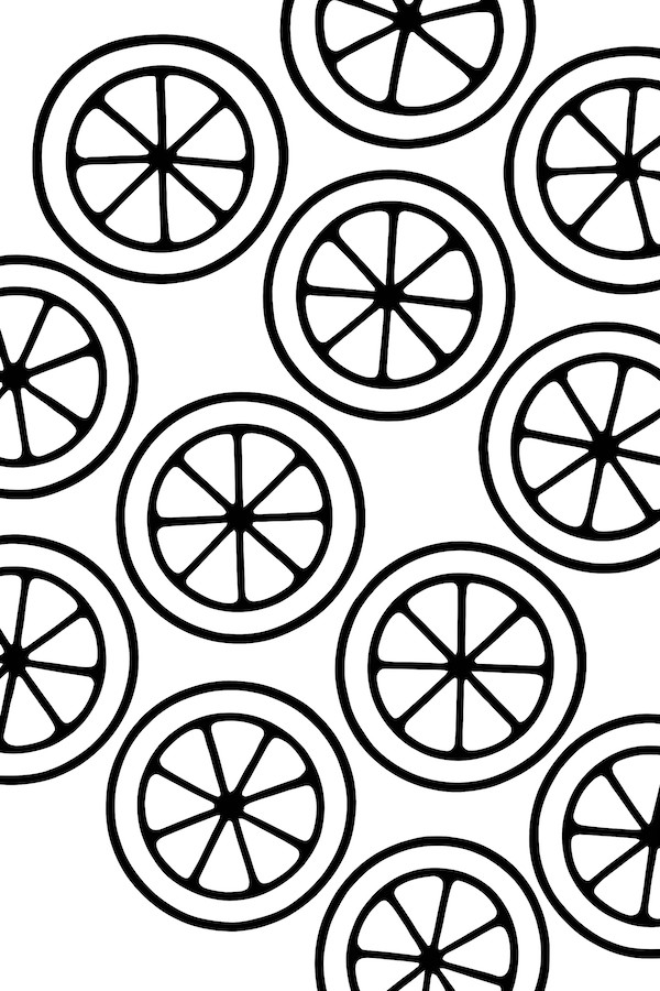 Coloring page featuring a pattern of simple circles containing lemon slices with detailed sections