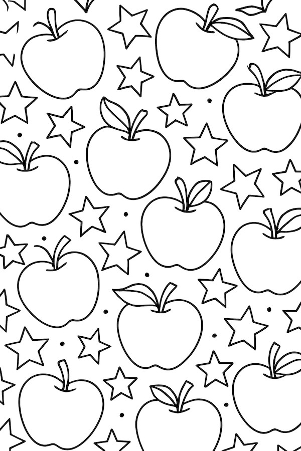Coloring page featuring apples interspersed with stars in a repetitive pattern