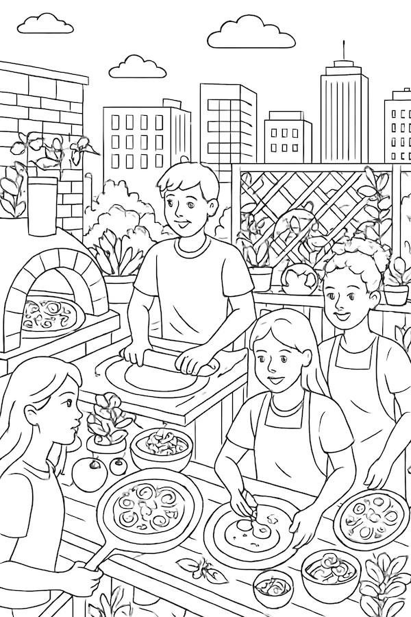 Coloring page featuring a rooftop garden scene with individuals making pizzas, an outdoor pizza oven, and a city skyline