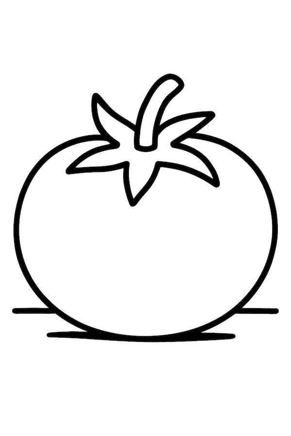 Coloring page of a round tomato resting on a flat surface with green leaves at the top
