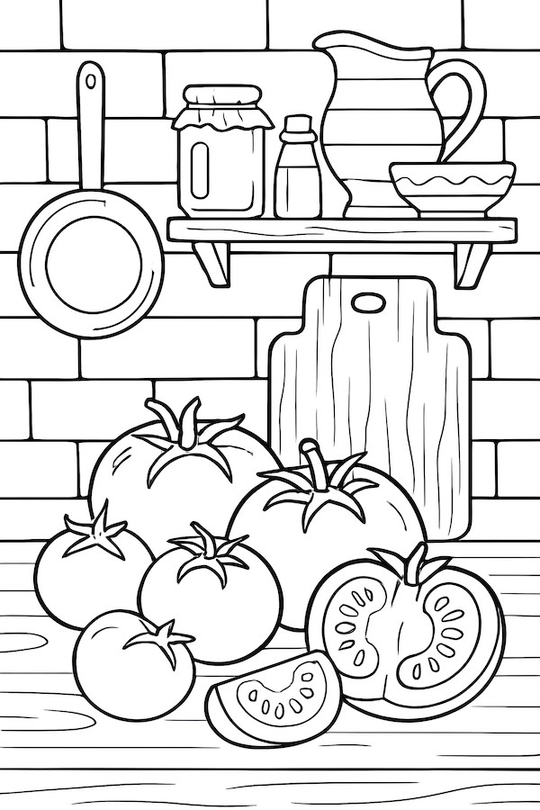 Coloring page of a rustic kitchen featuring tomatoes, a cutting board, jars, and a pitcher