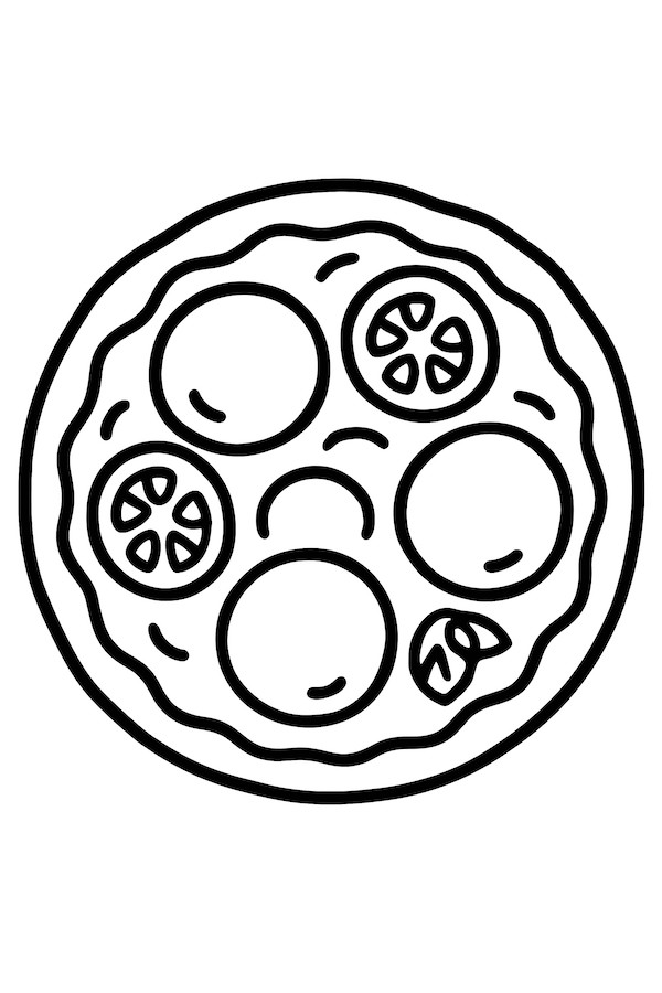 Coloring page of a rustic pizza topped with slices of fresh mozzarella, tomatoes, and a basil leaf
