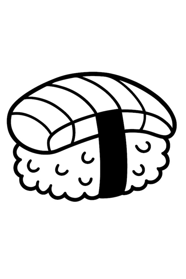 Coloring page of salmon sushi atop rice with seaweed wrapping