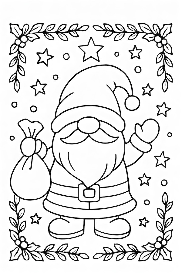 Coloring page of a Santa gnome holding a bag of gifts, surrounded by stars and decorative foliage