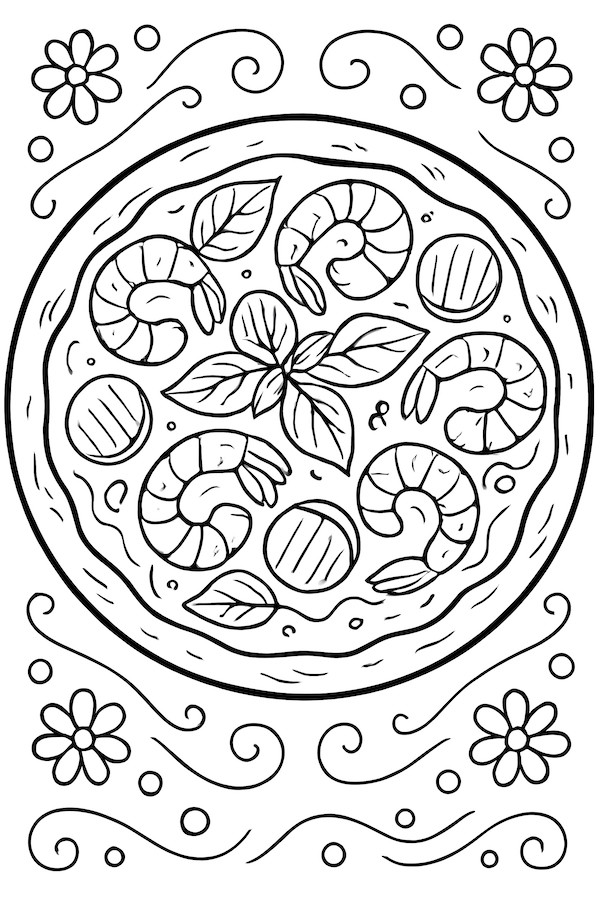 Coloring page of a seafood pizza topped with shrimp, scallops, and basil leaves, surrounded by floral designs