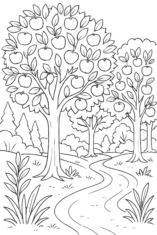 Coloring page of a quiet forest with apple trees and a winding path surrounded by greenery and bushes.