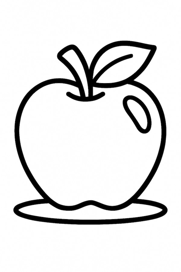 Coloring page of a shiny apple with a single leaf resting on a flat display surface