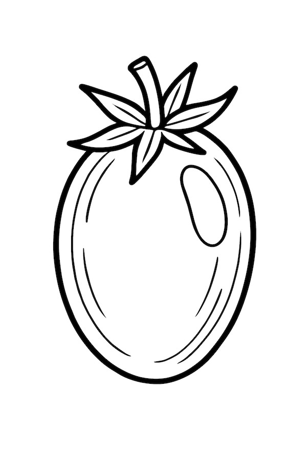 Coloring page of a shiny grape tomato with a green stem and defined gloss details