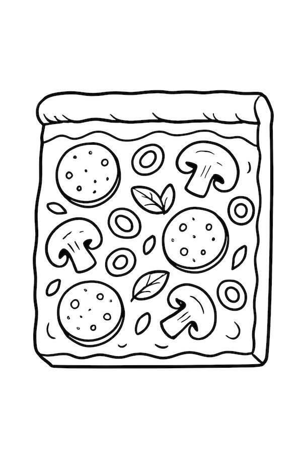Coloring page of a Sicilian pizza slice topped with pepperoni, mushrooms, olives, and basil leaves