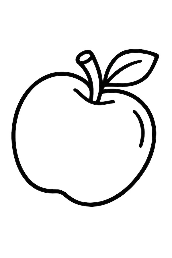 Coloring page of a classic red apple laying on its side with a stem and leaves