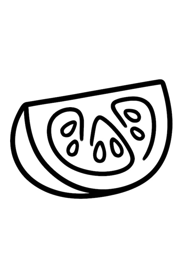 Coloring page featuring a side view of a tomato slice with visible seeds and sections outlined