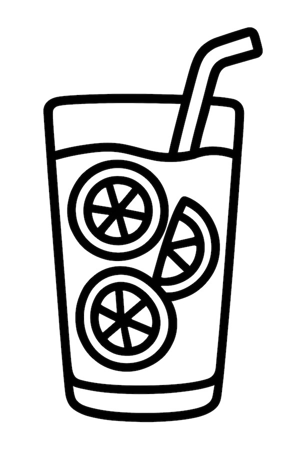 Coloring page of a tall glass filled with lemonade and several lemon slices inside, featuring a straw