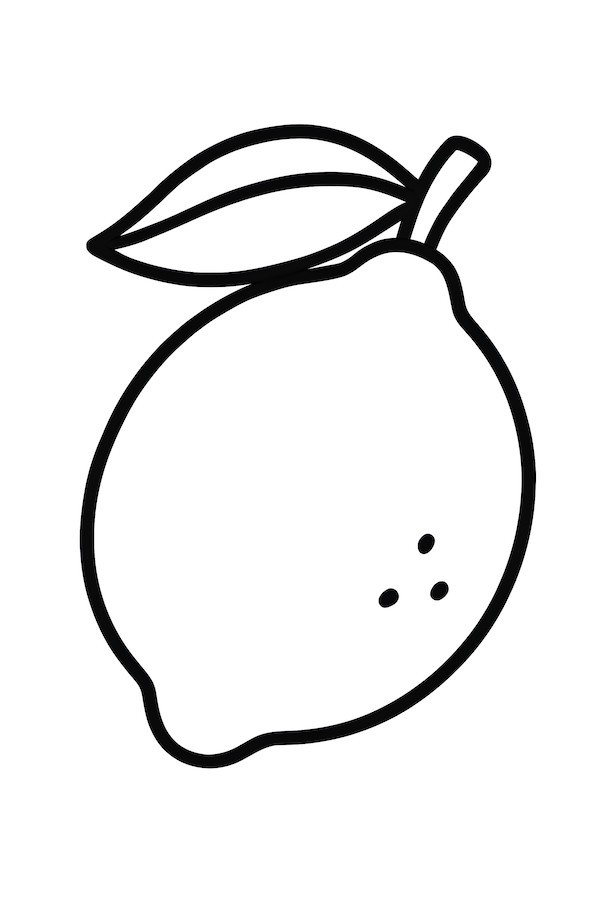 Coloring page of a single lemon with a leaf attached, showcasing its round shape and dimpled texture