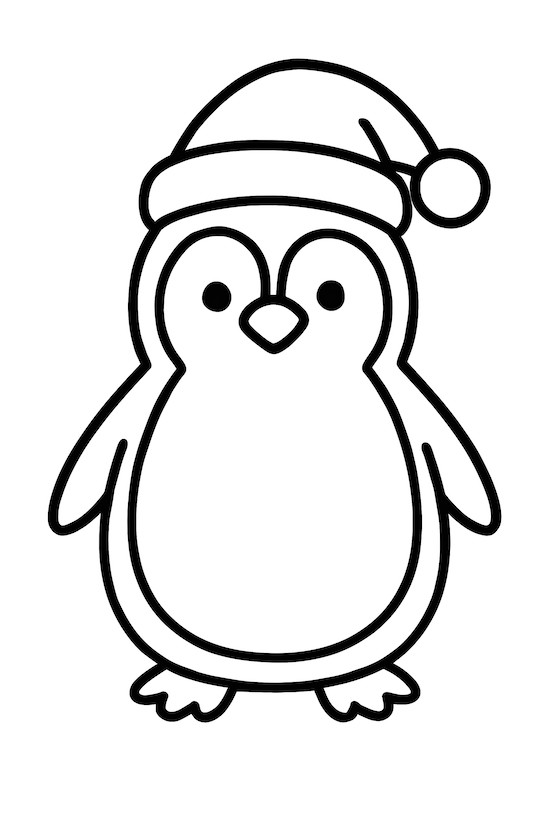 Coloring page of a single penguin standing upright, wearing a Santa hat with a pom-pom