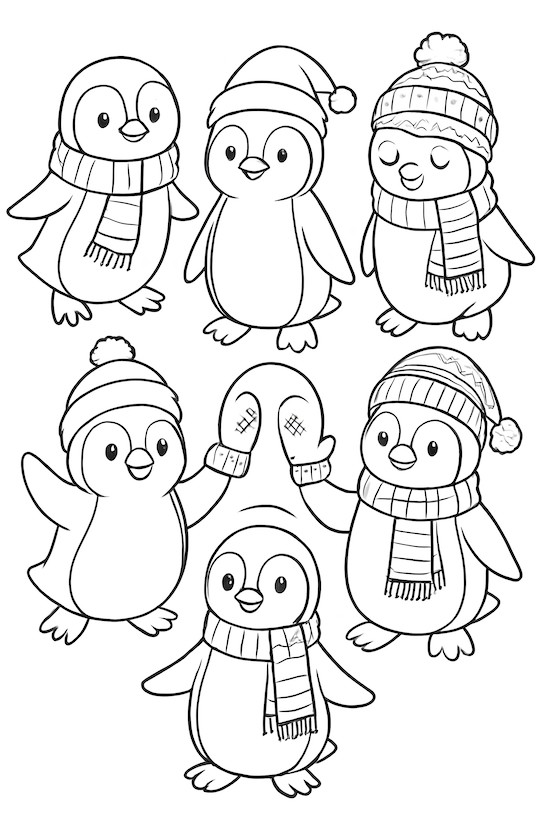 Coloring page of six penguins wearing winter hats and scarves, some holding mittens