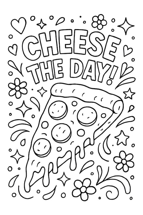 Coloring page featuring a slice of cheese pizza with pepperoni and decorative flourishes like hearts and flowers