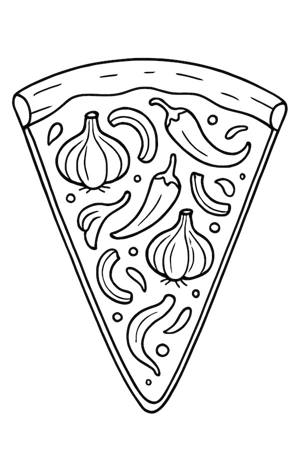 Coloring page of a slice of pizza topped with roasted garlic and red peppers