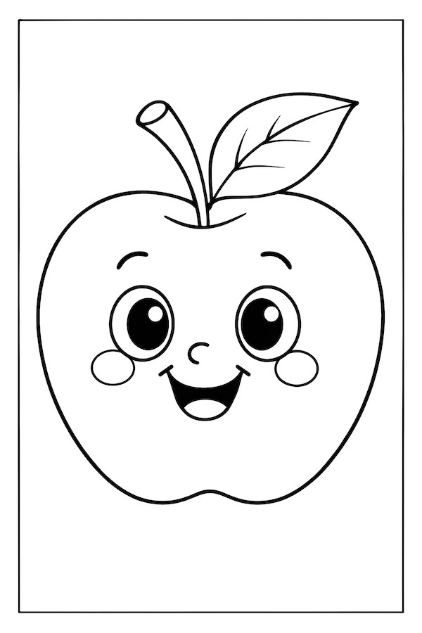 Coloring page of a smiling apple featuring cartoonish eyes, cheeks, and a leaf on the stem