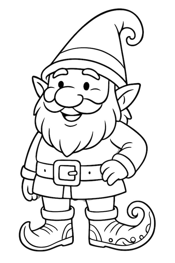 Coloring page of a smiling gnome wearing a pointed hat, a beard, and a curled shoe