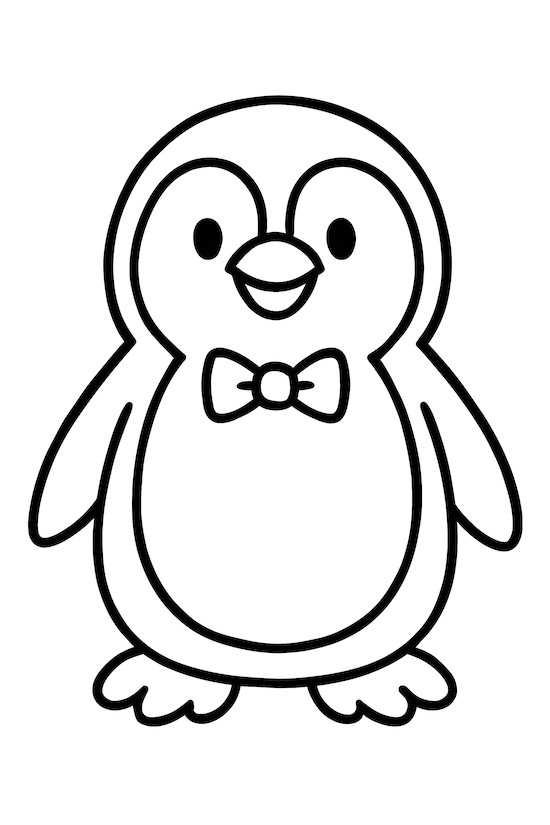 Penguin illustration wearing a small bow tie and smiling with flippers outstretched