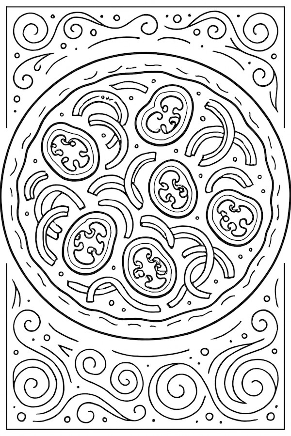 Coloring page of a pizza topped with spicy jalapenos and sliced onions, featuring decorative patterns around the edges