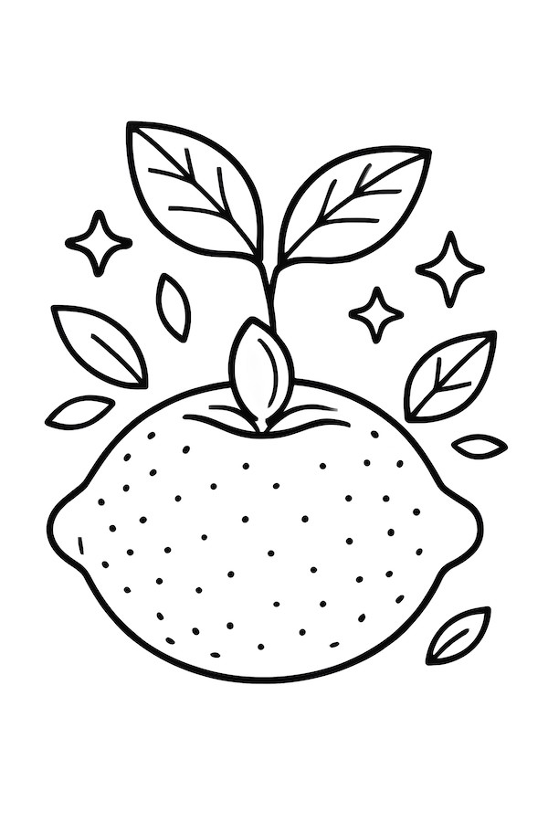 Coloring page of a sprouting seed emerging from a lemon with leaves and decorative stars