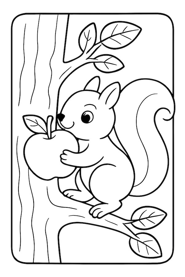 Coloring page of a squirrel climbing a tree while carrying an apple