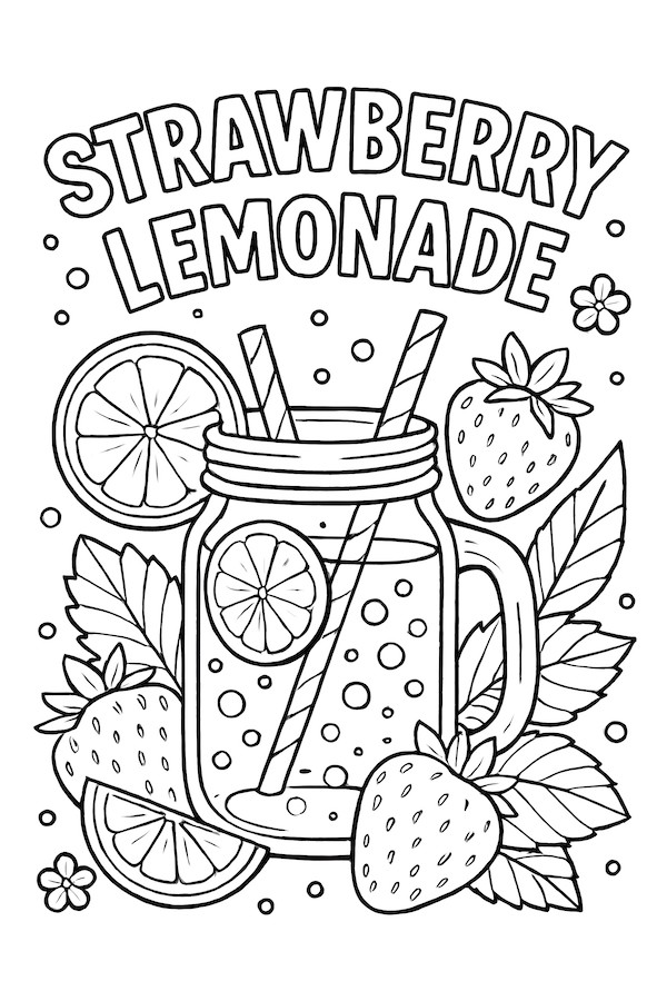 Coloring page of a mason jar filled with strawberry lemonade, featuring strawberries, lemon slices, and decorative leaves