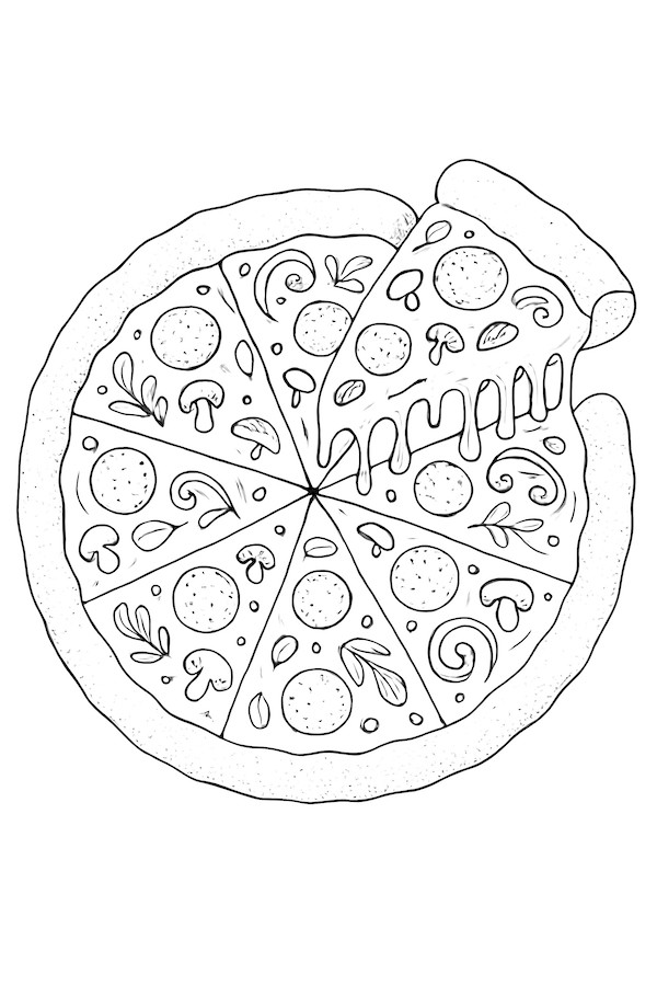 Coloring page of a cheesy stuffed crust pizza with pepperoni, mushrooms, and decorative toppings