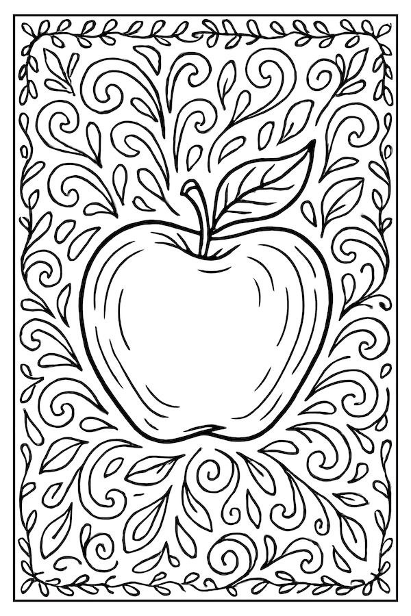 Coloring page of an uneven apple surrounded by intricate swirling vines and leaves