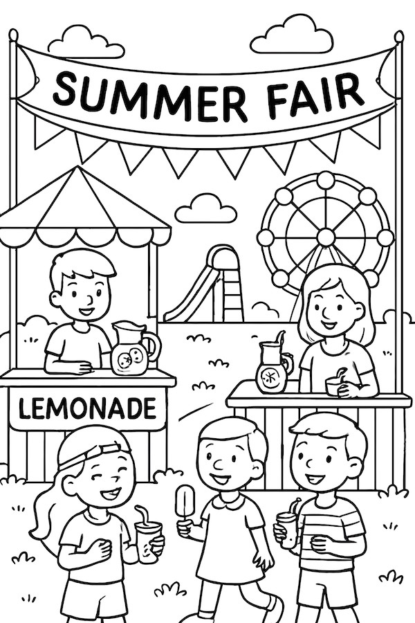 Coloring page featuring a summer fair with lemonade booths, children enjoying drinks, and a ferris wheel in the background