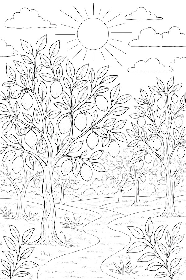 Coloring page of a sunlit orchard featuring multiple lemon trees with lemons and a winding path under a bright sun