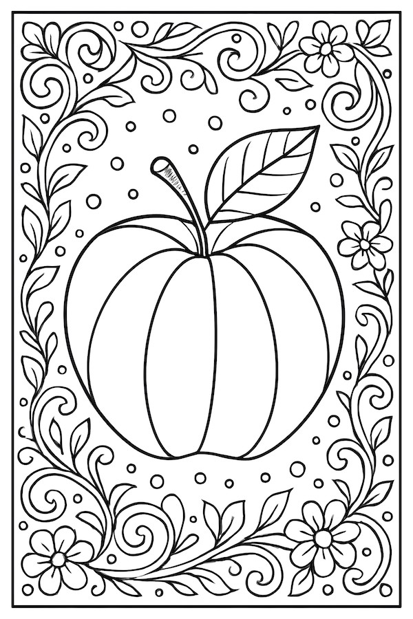Coloring page of a surreal apple featuring multiple colored sides and intricate floral patterns around it