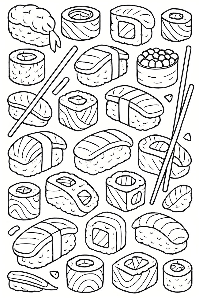 Coloring page featuring a variety of sushi rolls, sashimi, and chopsticks arranged in a repeating pattern