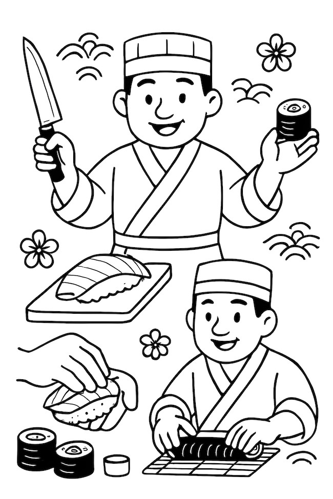 Coloring page of a sushi chef holding a knife and preparing sushi with rolls and fish on a cutting board, surrounded by flowers