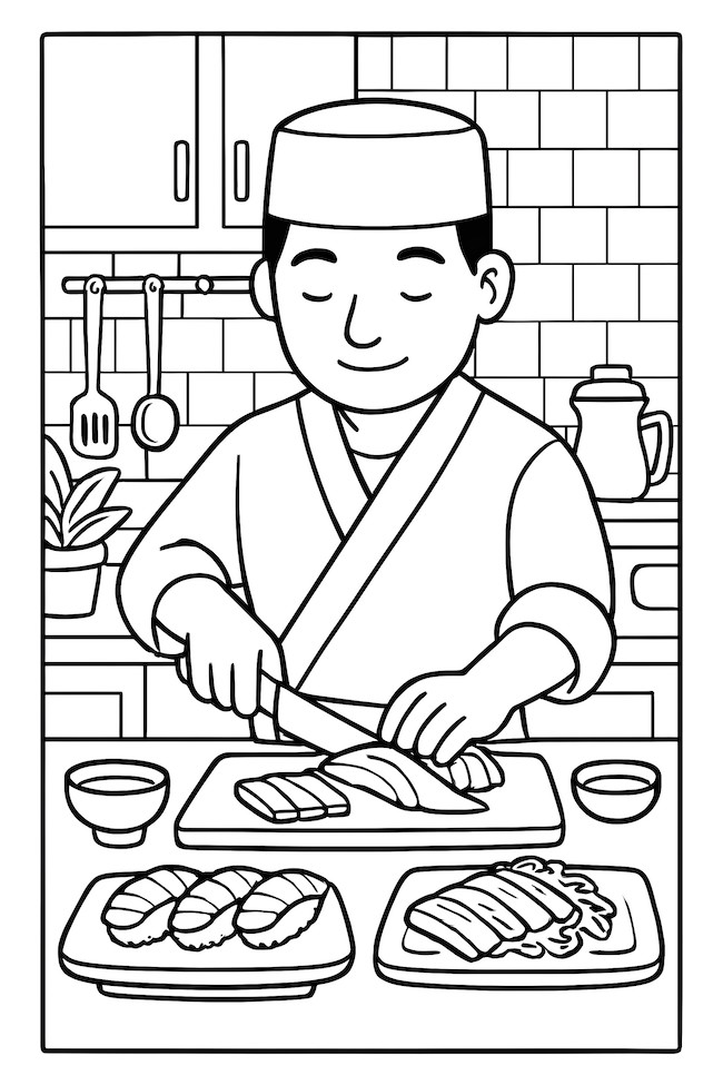 Sushi chef slicing sashimi with a knife in a modern kitchen, with sushi plates and condiments visible