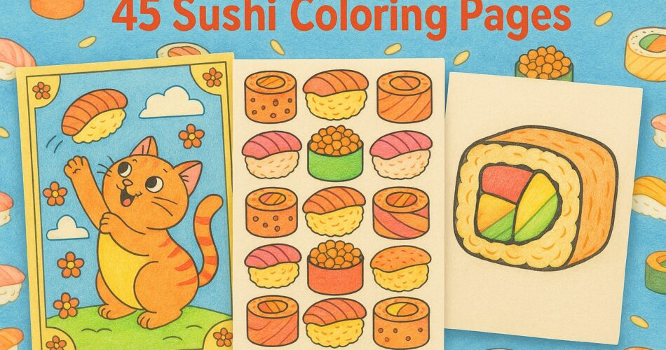 Horizontal blog header featuring three colored sushi-themed coloring pages: a cat reaching for sushi, a grid of assorted sushi pieces, and a close-up sushi roll, set against a blue background with simple sushi motifs.