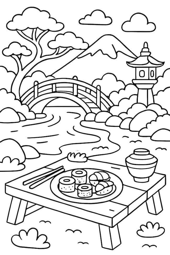 Coloring page of a tranquil Japanese garden featuring a small table with sushi, a bridge, a lantern, and a mountain in the background