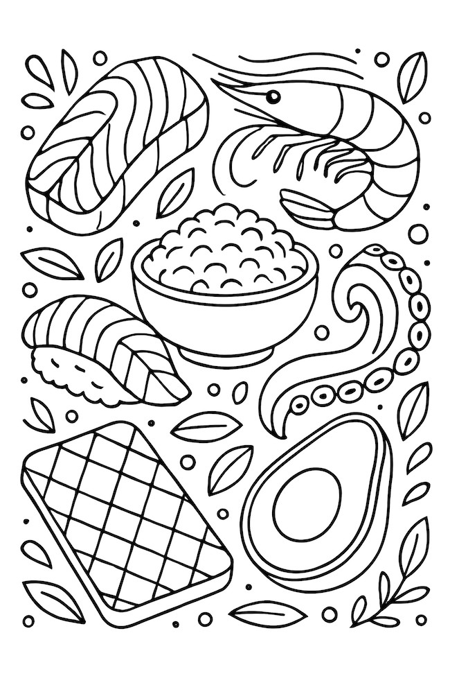 Coloring page featuring various sushi ingredients, including shrimp, avocado, rice, and seaweed