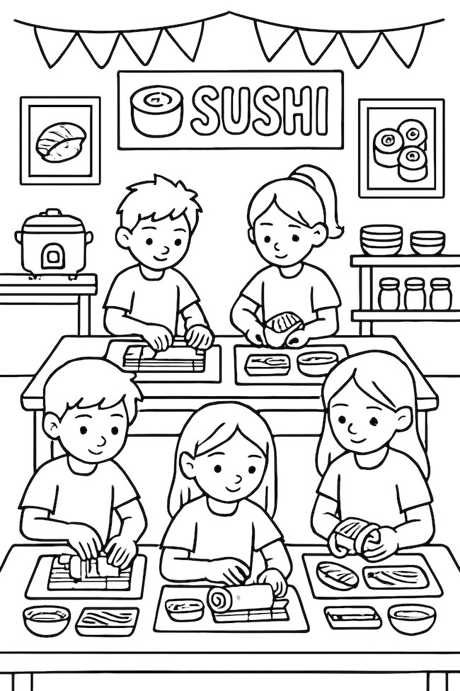 Coloring page of a sushi-making classroom with students focusing on their sushi creations at tables while a menu board displays 'SUSHI'