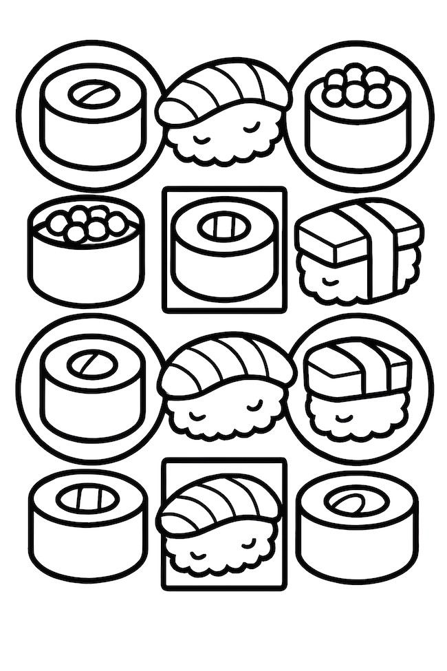 Coloring page featuring an alternating pattern of sushi in circles and squares, including various sushi rolls and styles