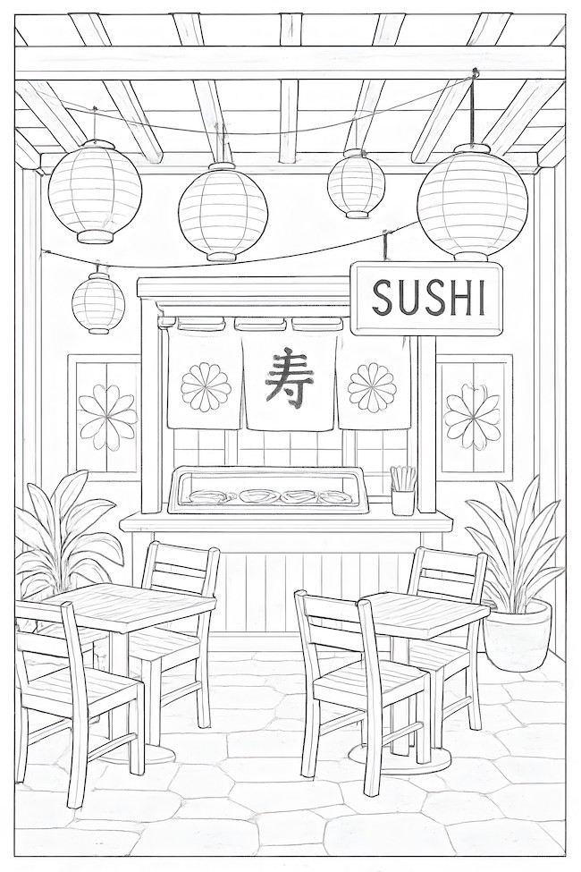Coloring page of a sushi restaurant patio featuring lanterns, a sushi sign, and wooden tables