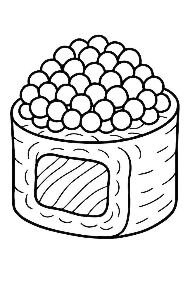 Coloring page of a sushi roll with a textured filling and a mound of fish roe on top